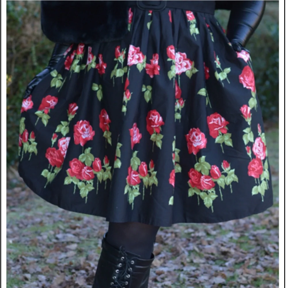 Hell Bunny Antonia Mid Dress Rose Print Floral Fit Flare Retro Pinup Rockabilly - Picture 13 of 16